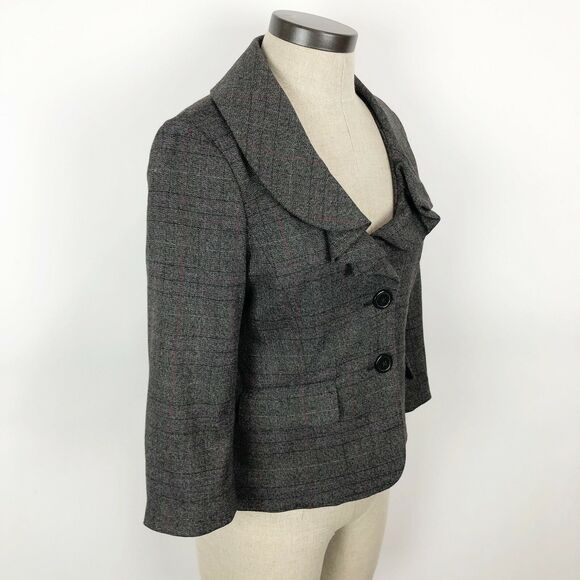LOFT Jacket Womens Size 2 Ruffle Collar Grey 3/4 Sleeves 2 Button Lined Blazer - Picture 7 of 11